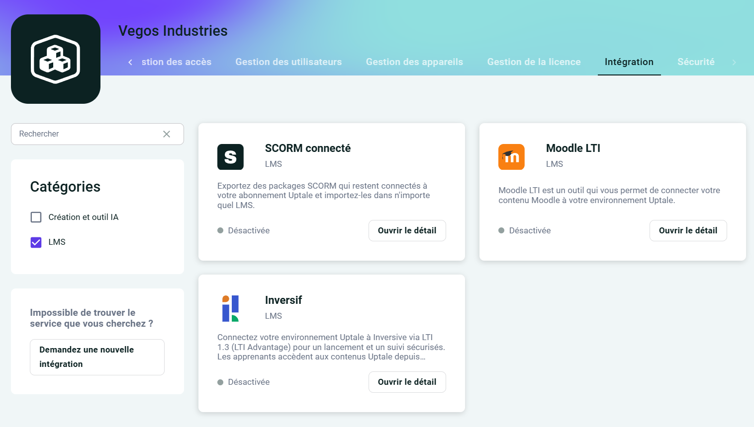 Le catalogue d'intégrations, montrant les connecteurs LMS disponibles
