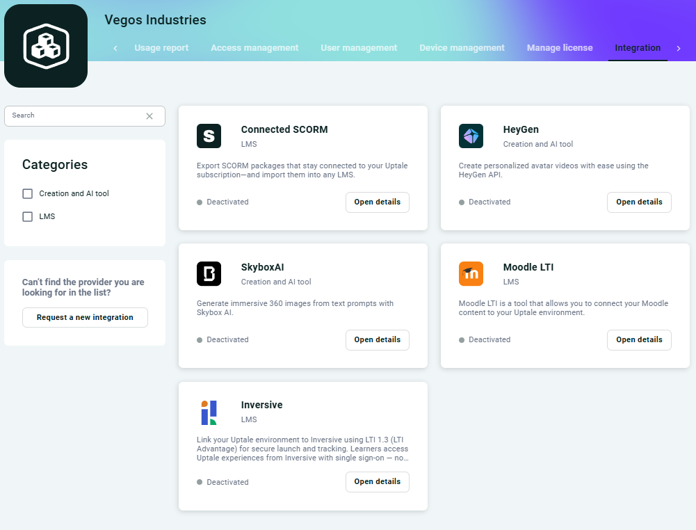 The Integration catalog, showing available LMS connectors