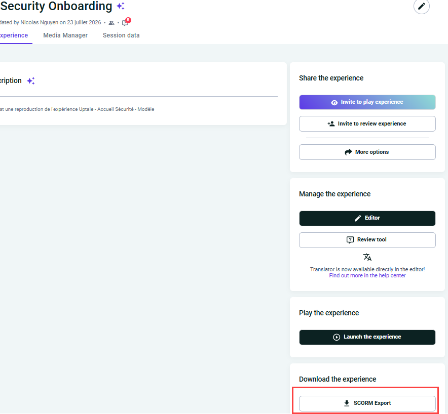 The Download the experience card of an experience page, with the SCORM Export button