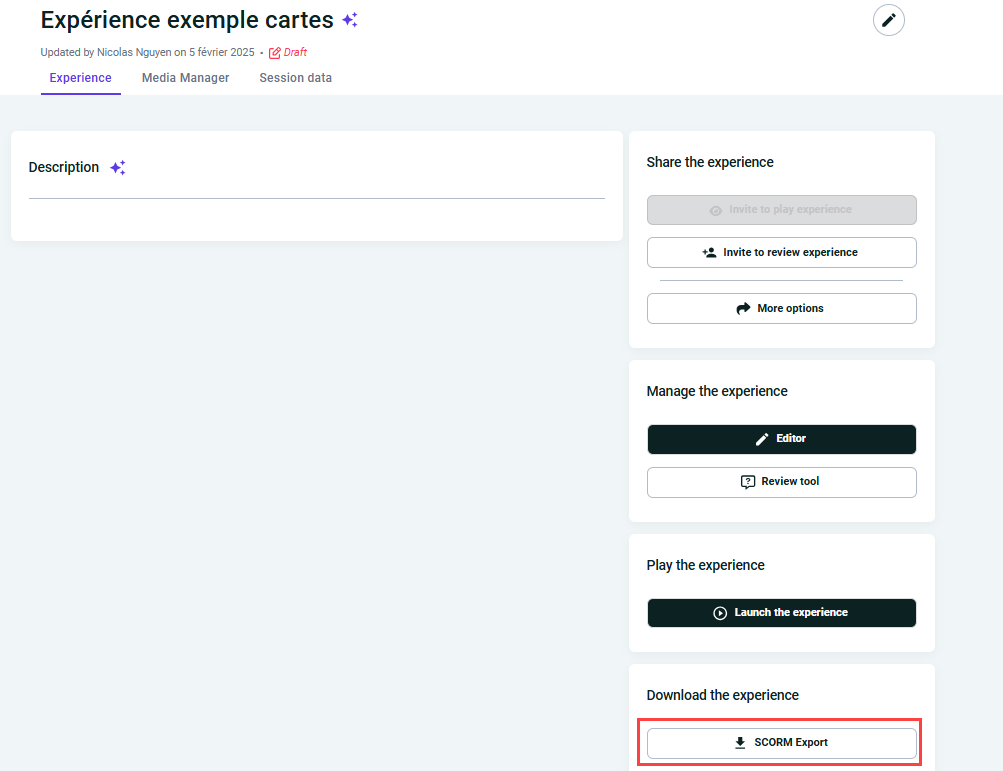 La carte Télécharger l'experience d'une page d'expérience, avec le bouton Exporter en SCORM