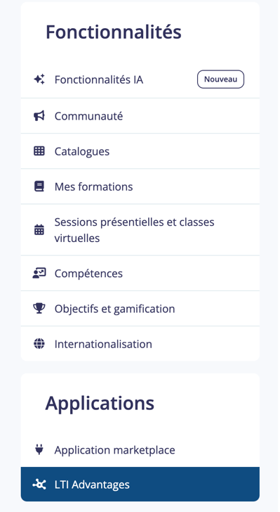 Menu des paramètres de Rise Up avec LTI Advantages dans la section Applications