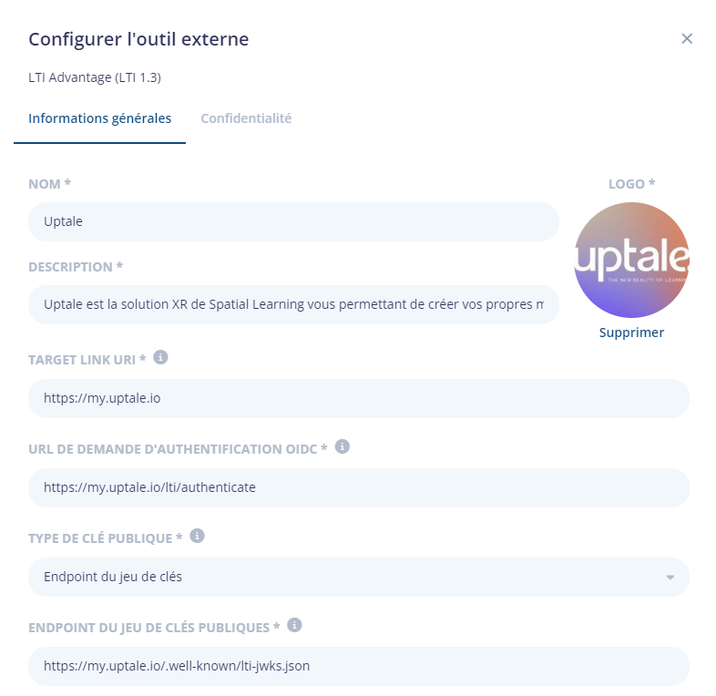 Formulaire Configurer l'outil externe rempli pour Uptale : nom, description, logo, Target link URI, URL OIDC, type de clé, endpoint du jeu de clés