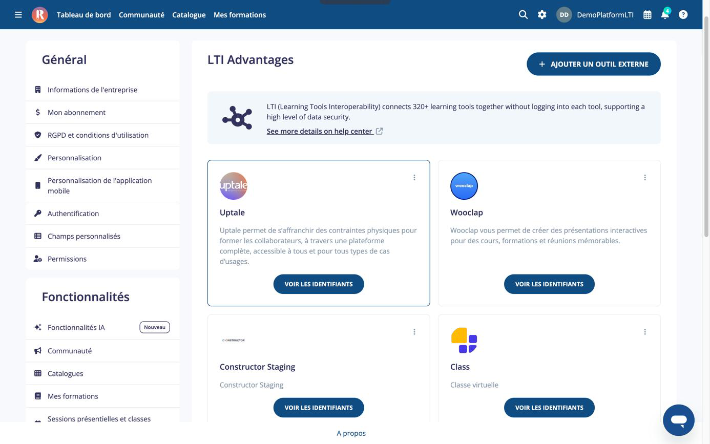 La carte Uptale apparaît dans LTI Advantages, avec le bouton Voir les identifiants