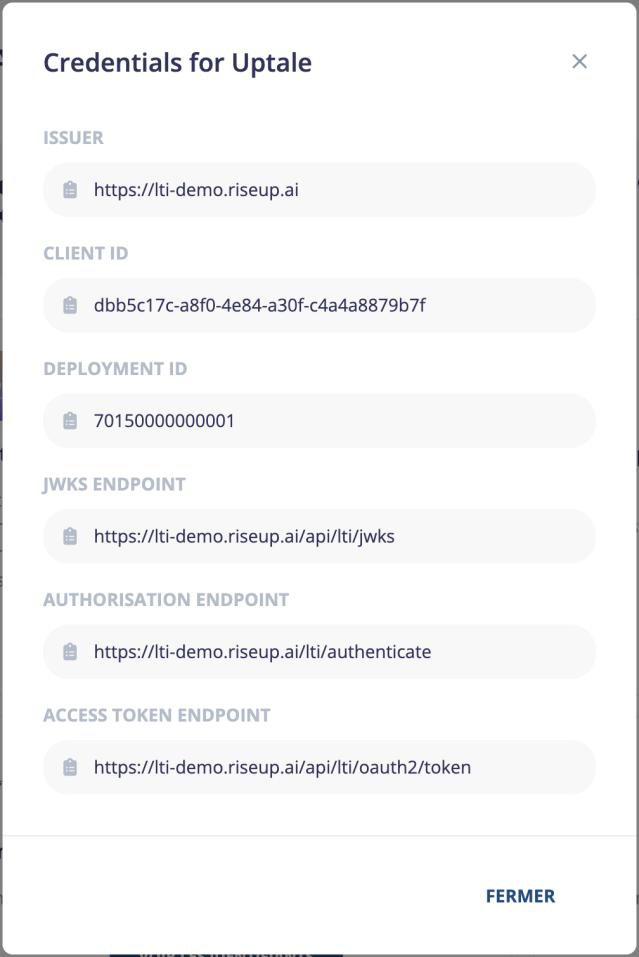 Fenêtre Credentials for Uptale : issuer, client ID, deployment ID et endpoints à envoyer à Uptale