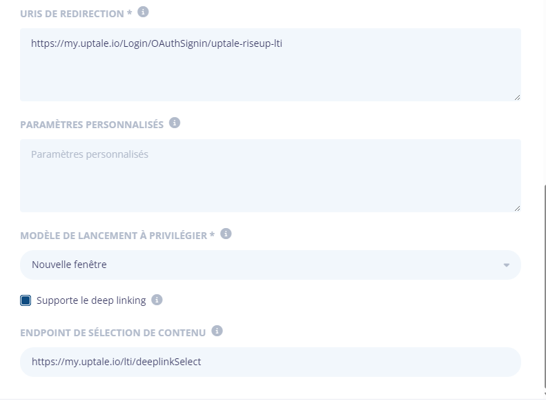 Suite du formulaire : URI de redirection, mode de lancement Nouvelle fenêtre, deep linking coché, endpoint de sélection de contenu